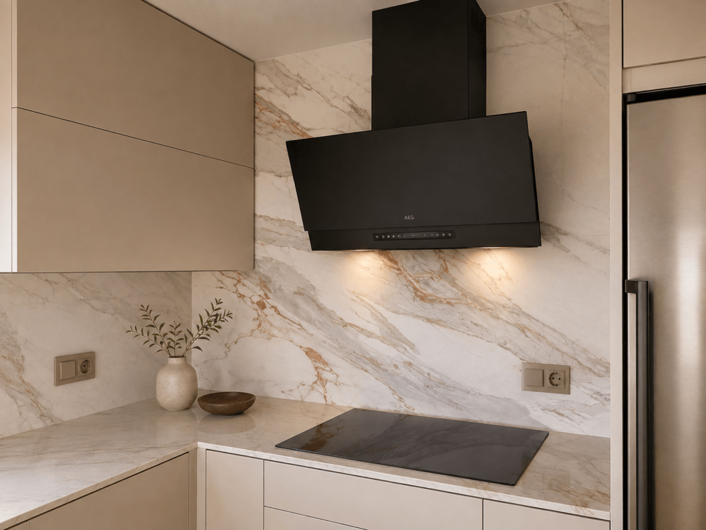 cocina con campana decorativa de pared con pared en porcelanico