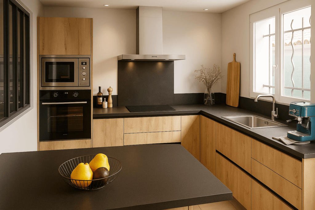 cocina combinada con madera clara, tirador gola negro y porcelanico negro mate