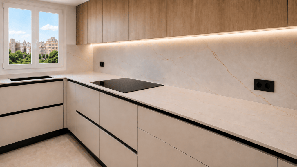 cocina en PET taupe y madera en sant andreu de llavaneres